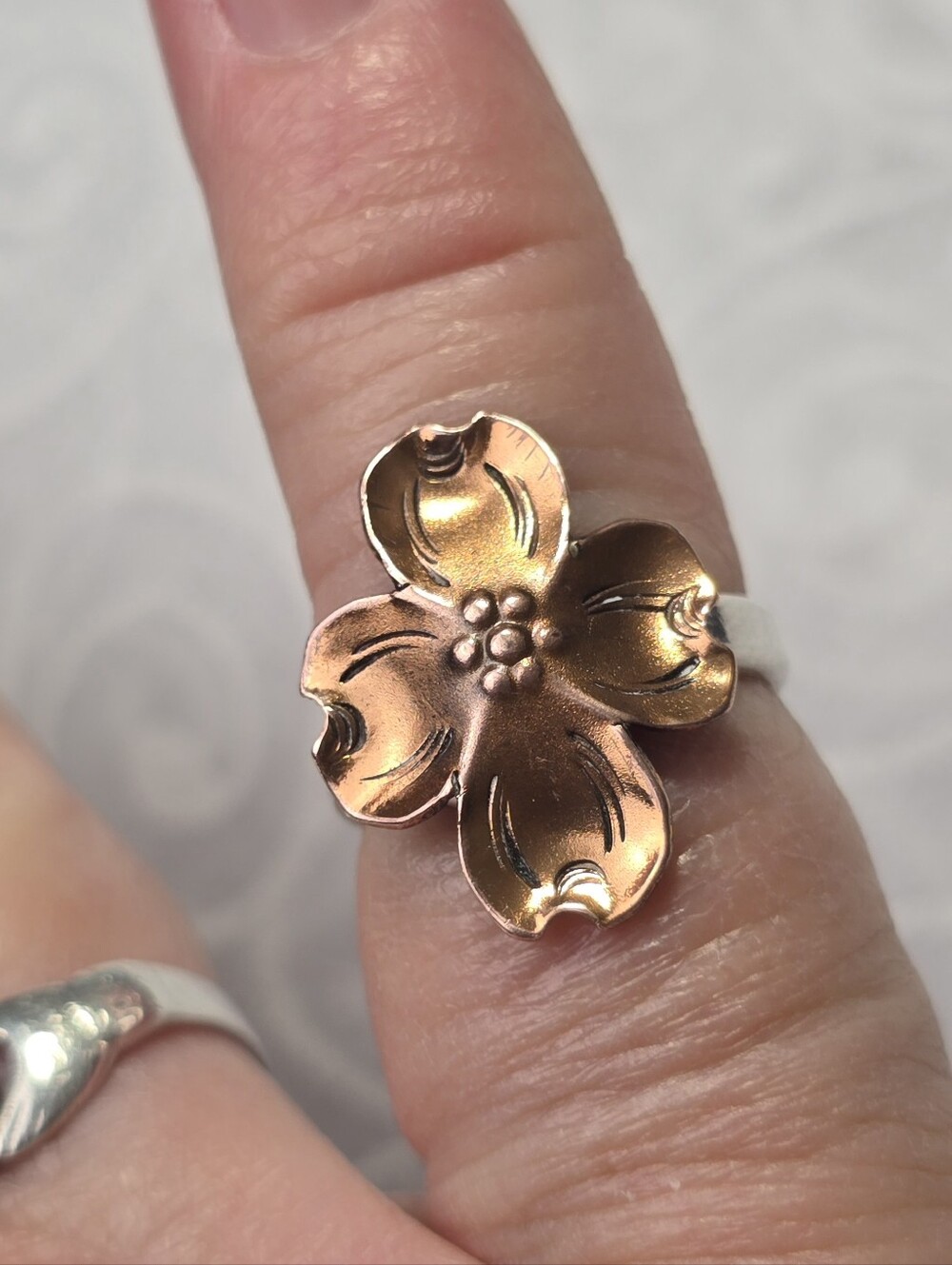 Stuart Nye Dogwood Flower Copper and Sterling Ring Vintage